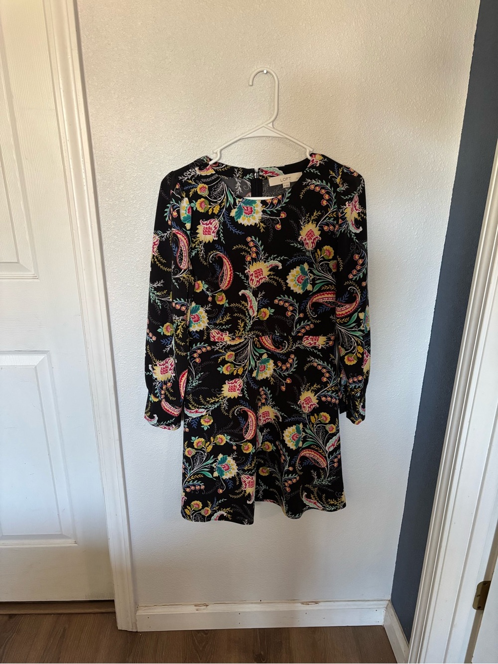 LOFT Black Paisley Floral Long-Sleeve Dress